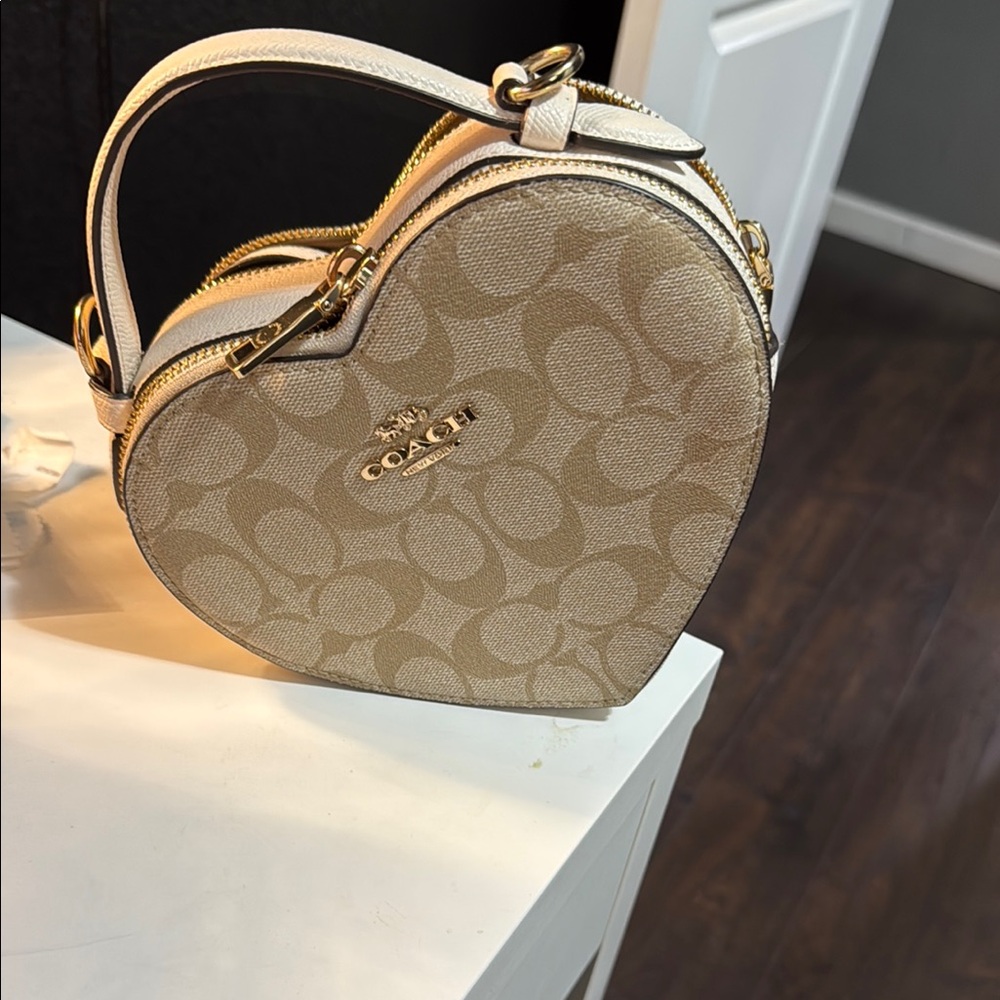 Coach Cream and Gold Heart-Shaped Mini Bag